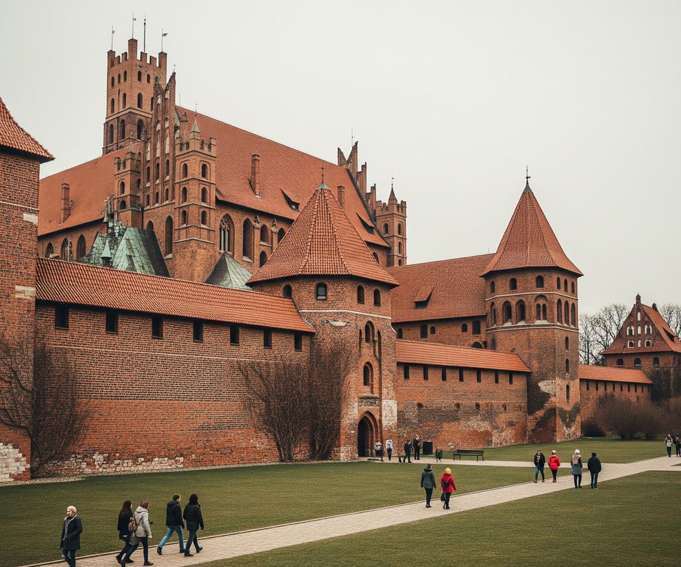 Rozległy kompleks zamkowy zbudowany z czerwonej cegły dominuje nad sceną, składając się z wielu budynków o spiczastych i płaskich dachach, pokrytych czerwoną dachówką. Centralna część kompleksu wyróżnia się wysoką wieżą z blankami i strzelistymi elementami architektonicznymi, otoczoną niższymi murami i budynkami z mniejszymi wieżyczkami. Przed zamkiem rozciąga się duży, zielony trawnik z licznymi ścieżkami wyłożonymi jasnymi płytami, po których spaceruje wiele osób, niektóre idą parami, inne w małych grupach. Po lewej stronie, na pierwszym planie, widać fragment wysokiej, ceglanej ściany z kilkoma oknami i elementami białej cegły u podstawy, a niebo nad całym kompleksem jest jasnoszare i jednolite.