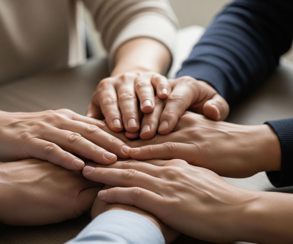Sześć dłoni spoczywa ułożonych jedna na drugiej na brązowej, drewnianej powierzchni. Dłonie mają różne odcienie skóry, od jasnej do średnio-ciemnej. Osoby noszą ubrania w kolorach beżowym, szarym, niebieskim i granatowym, widoczne są fragmenty rękawów. Światło pada z lewej strony, tworząc delikatne cienie.