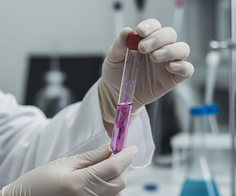 Osoba w białym laboratoryjnym fartuchu i beżowych rękawiczkach trzyma w rękach przezroczystą probówkę z czerwoną zakrętką. W probówce znajduje się jasnoróżowy płyn, w którym widoczne są gęste, pofalowane smugi o intensywniejszym różowym kolorze, unoszące się ku górze. Tło zdjęcia jest rozmyte, ukazując szare ściany i niewyraźne zarysy sprzętu laboratoryjnego, w tym kolb z niebieskim płynem.