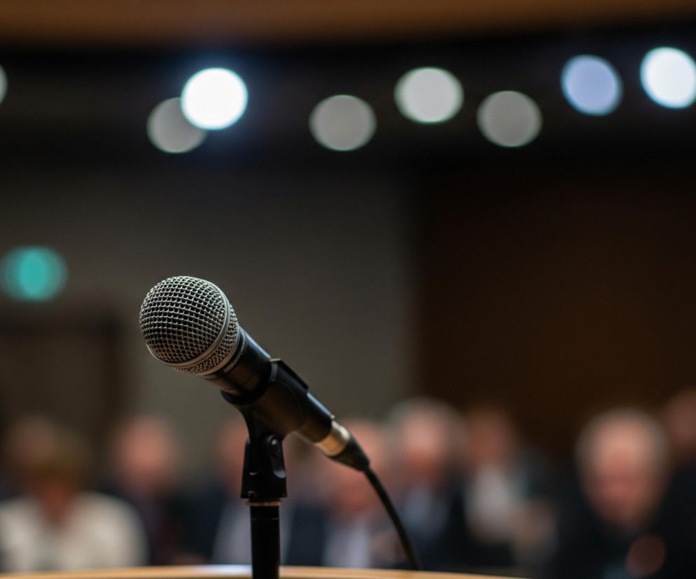 Z przodu obrazu, centralnie, stoi srebrno-czarny mikrofon na statywie, z metalową, siatkową główką wyraźnie widoczną. Za mikrofonem, w dolnej części kadru, rozmyte postacie ludzi tworzą tło. Górna część obrazu przedstawia rozmyte, okrągłe światła bokeh w różnych odcieniach bieli i błękitu, sugerujące oświetlenie sali. Cała scena utrzymana jest w ciemnej kolorystyce, z dominującymi brązami i czerniami, jedynie mikrofon i światła są jaśniejsze.