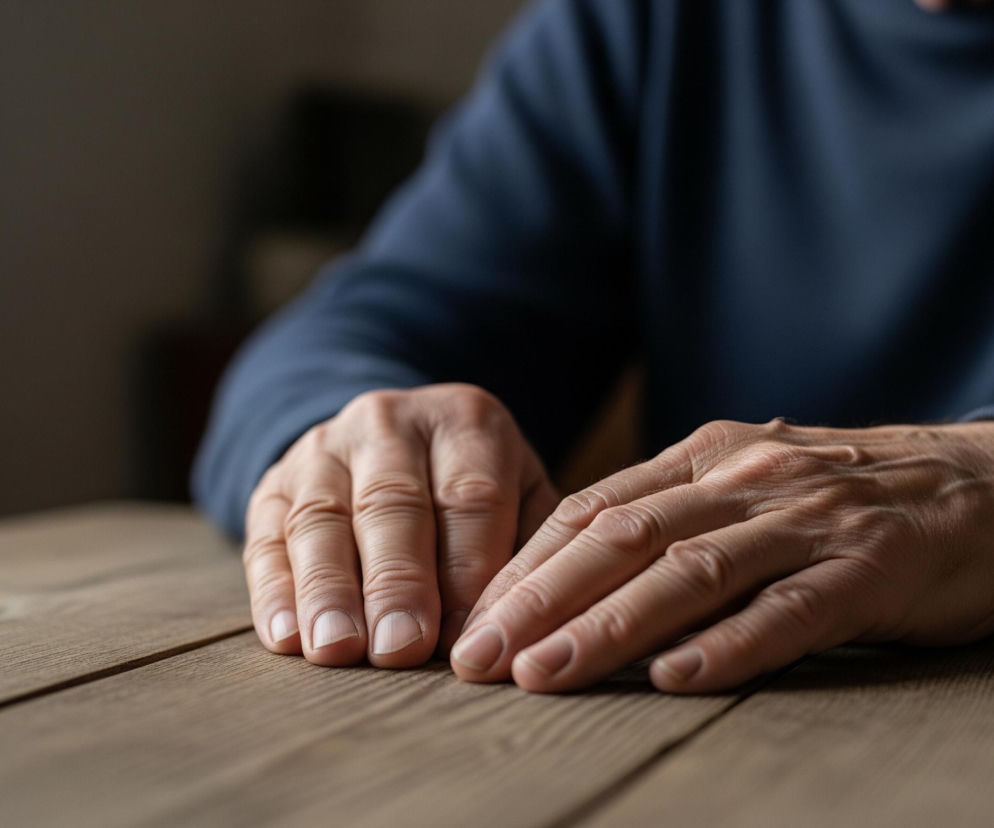 Dłonie starszej osoby spoczywają na drewnianym stole, zajmując centralną część kadru. Lewa dłoń jest lekko zaciśnięta, z widocznymi zmarszczkami i żyłami, natomiast prawa dłoń jest bardziej rozluźniona, z palcami ułożonymi płasko na blacie. Osoba ubrana jest w ciemnoniebieski sweter z długimi rękawami, widoczne są fragmenty rękawów. Blat stołu wykonany jest z jasnobrązowych desek o wyraźnym usłojeniu i fakturze. Tło jest rozmyte, ukazując jaśniejszą, rozświetloną przestrzeń po lewej stronie oraz ciemniejszą, jednolitą po prawej.