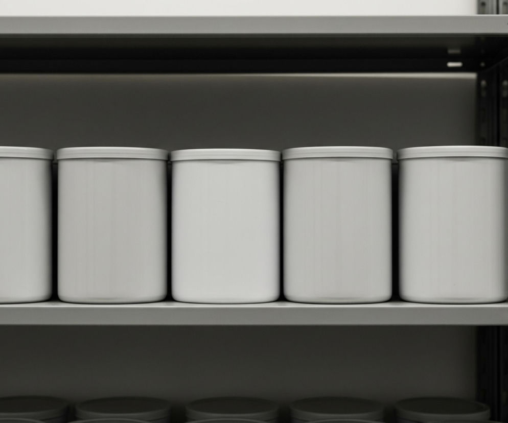 Na metalowej półce, stanowiącej główny plan, ustawiono w rzędzie sześć identycznych, cylindrycznych pojemników w odcieniu szarości. Pojemniki te posiadają gładkie powierzchnie i płaskie wieczka, lekko wystające poza ich obrys. Półka znajduje się w centralnej części zdjęcia, a za nią widoczny jest ciemniejszy, pusty obszar, sugerujący kolejną półkę lub wnętrze szafy. Z prawej strony widoczna jest perforowana, pionowa metalowa listwa regału, przytwierdzona do półki za pomocą dwóch nitów lub śrub. U dołu kadru, częściowo zakryte, widoczne są kolejne, podobne pojemniki.