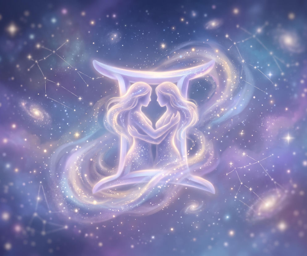 Dwie świetliste postacie kobiet wewnątrz znaku zodiaku Bliźnięta na tle kosmosu. O horoskopie przeczytasz w serwisie Eska.
