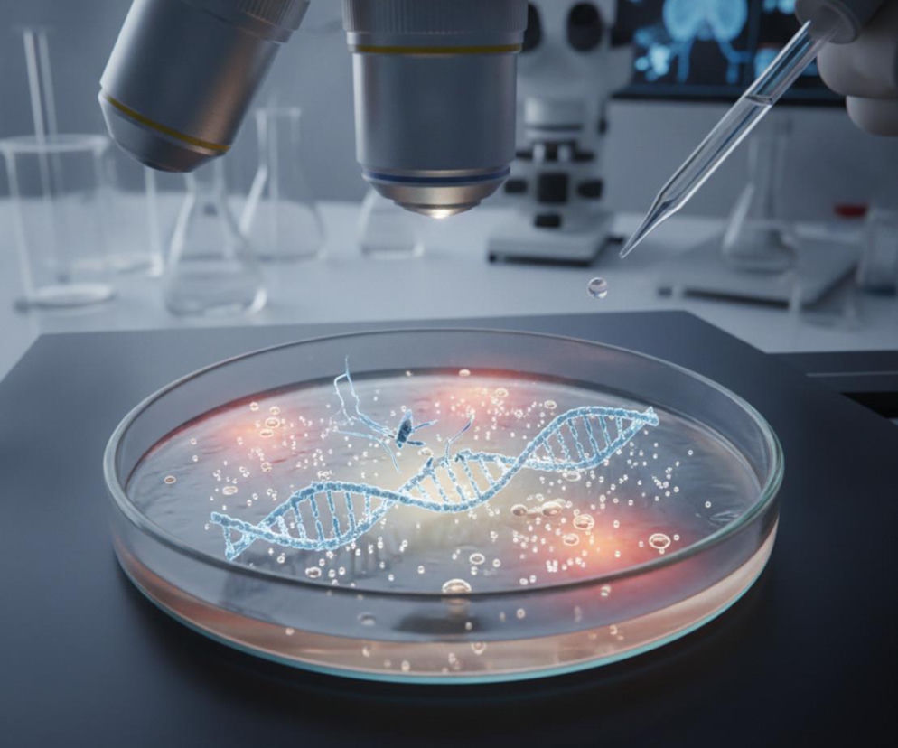 Szalka Petriego ze strukturą DNA pod mikroskopem. O przełomie w terapii Alzheimera przeczytasz na Poradnik Zdrowie.