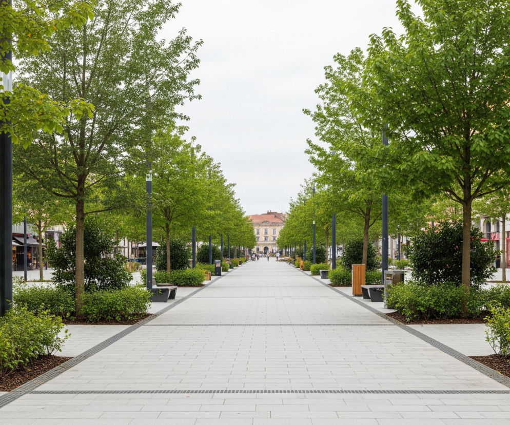 Długa, prosta aleja wybrukowana jasnoszarymi prostokątnymi płytami, z ciemnymi metalowymi kratkami odpływowymi wzdłuż środka i boków, rozciąga się w głąb obrazu. Po obu stronach alei rosną młode drzewa o świeżych, zielonych liściach, posadzone w regularnych odstępach, a między nimi znajdują się niskie krzewy i ściółka z kory. Wzdłuż alei widać też kilka ciemnych latarni ulicznych z przezroczystymi elementami świetlnymi oraz pojedyncze ławki i kosze na śmieci. W tle, na końcu alei, majaczą budynki o jasnych fasadach, a niebo jest jasne i zachmurzone.
