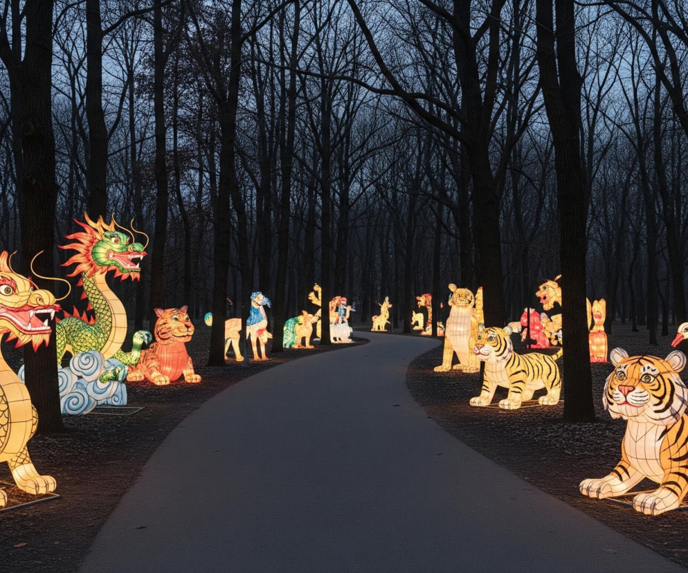 Oświetlone lampiony w kształcie zwierząt, ustawione wzdłuż ciemnej ścieżki w lesie, tworzą świąteczną aleję. Po lewej stronie dominuje duży, żółto-czerwony smok, obok niego zielony wąż i mniejsze lampiony, w tym pomarańczowy tygrys, symbolizujące różne zwierzęta. Po prawej stronie, bliżej obserwatora, leży duży, żółto-czarny tygrys, a za nim stoi biały żuraw z rozłożonymi skrzydłami. Drzewa ogołocone z liści, z ciemnymi pniami i gałęziami, tworzą mroczny kontur na tle bladoniebieskiego nieba o zmierzchu, podkreślając jasność lampionów, których światło rozjaśnia ścieżkę i otoczenie.