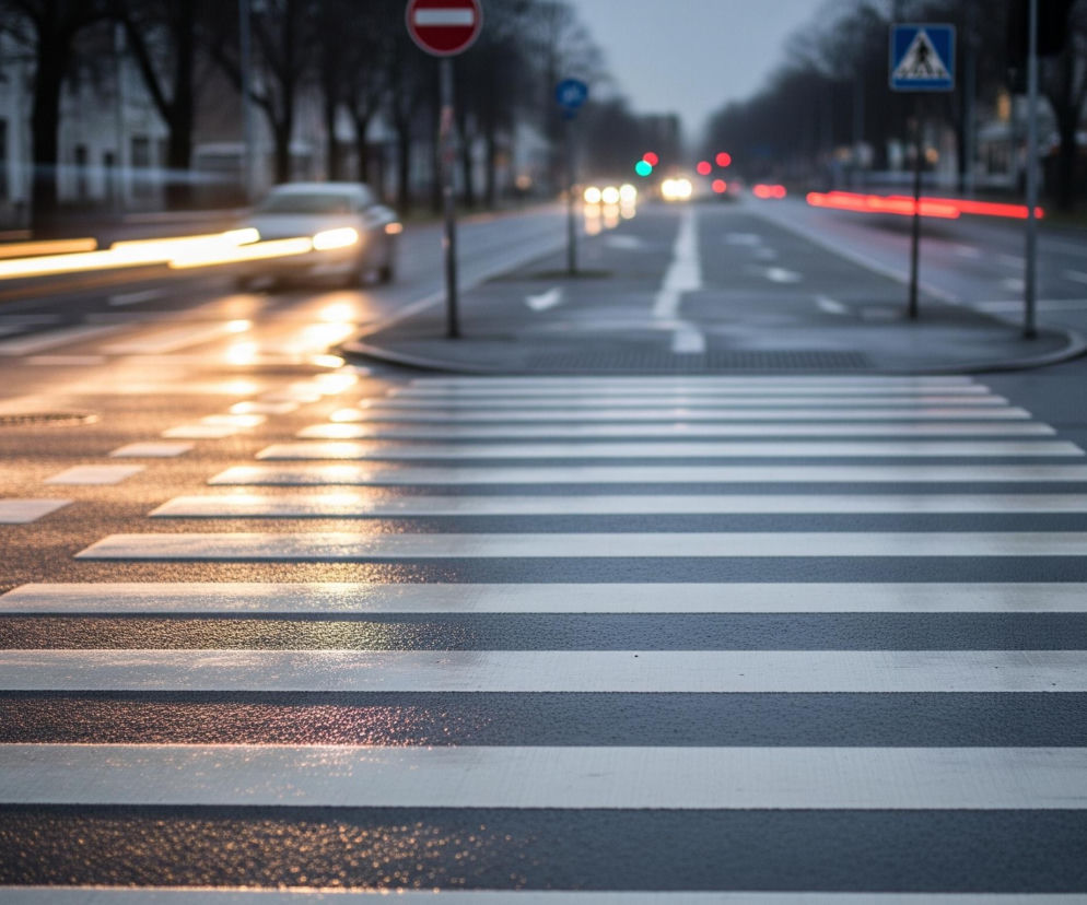 Przejście dla pieszych w formie białych pasów na ciemnej, mokrej nawierzchni ulicy dominuje na pierwszym planie, biegnąc przez środek kadru. Odblaski z reflektorów nadjeżdżających samochodów tworzą jasne, pomarańczowo-żółte smugi światła na mokrym asfalcie po lewej stronie. W oddali, na ulicy, widać rozmyte światła samochodów: białe z przodu i czerwone z tyłu, oraz zielone światło sygnalizacji ulicznej. Po obu stronach ulicy widoczne są niewyraźne, ciemne budynki i drzewa bez liści, a także znaki drogowe, w tym okrągły znak zakazu wjazdu i niebieski znak ostrzegawczy z symbolem pieszego.