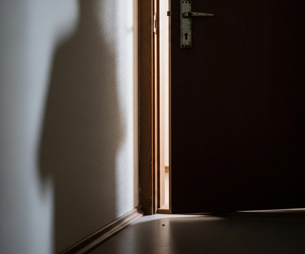 Półotwarte, ciemnobrązowe drzwi z metalową, porysowaną klamką i okrągłym otworem na klucz ukazane są w ujęciu z perspektywy korytarza. Po lewej stronie drzwi widoczny jest pionowy pas jasnego światła, przebijającego się z pomieszczenia po drugiej stronie, rzucający długi, rozmyty cień na jasną ścianę korytarza. Podłoga w korytarzu również jest w części zacieniona, a fragment jasnego światła wydobywa się spod drzwi, rzucając delikatny blask na drewnianą listwę przypodłogową.