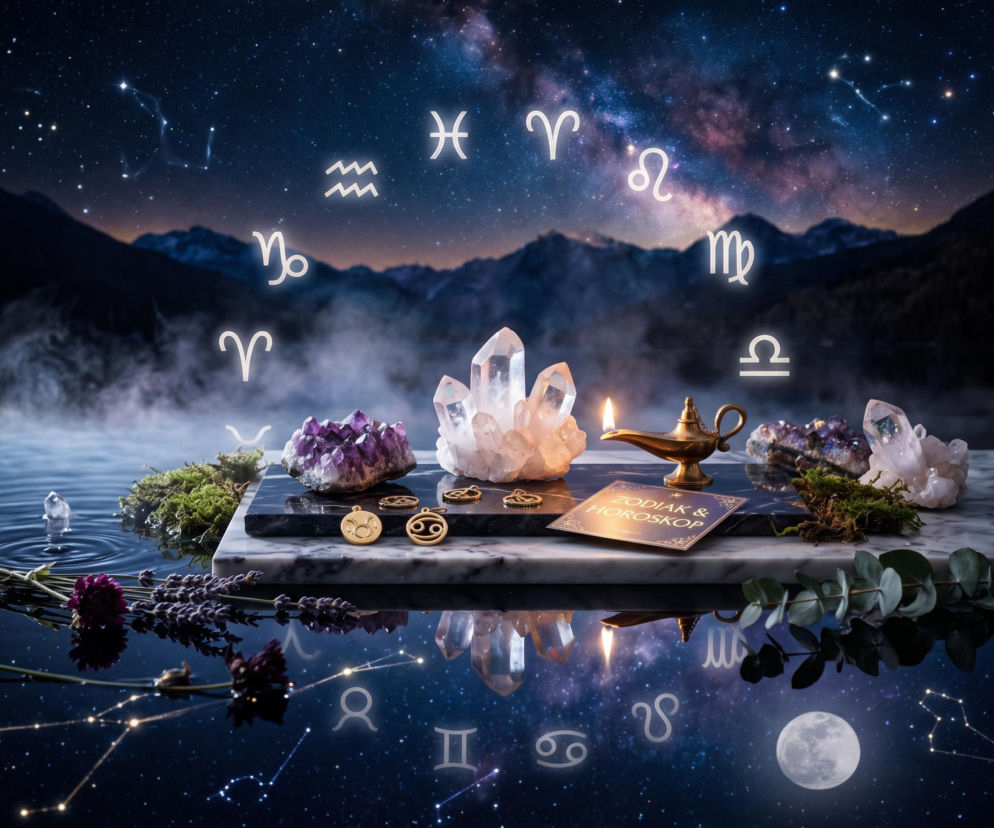Kryształy, lampka oliwna i symbole zodiaku na tle nocnego nieba. O horoskopie na poniedziałek przeczytasz na SE.