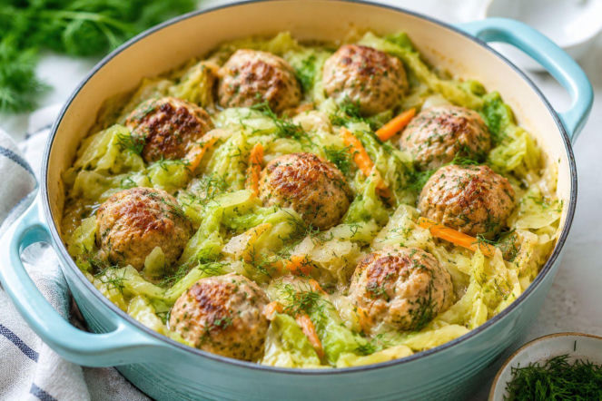 Klopsiki w młodej kapuście. Podczas duszenia powstaje aromatyczny sos