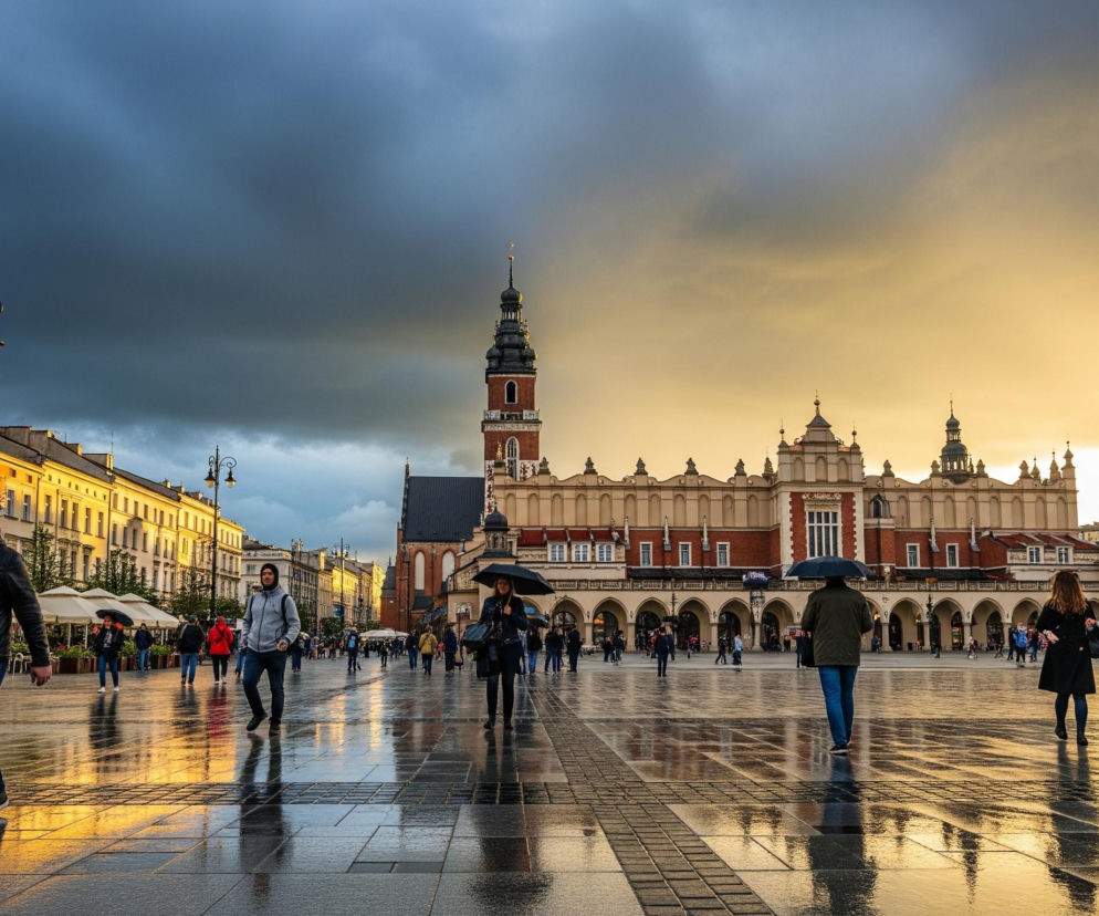 W centrum rozległego, mokrego placu miejskiego widoczny jest duży, wielokondygnacyjny budynek w kolorze ceglastym z jasnymi detalami architektonicznymi i długim rzędem arkad na parterze. Po jego lewej stronie wznosi się wysoka, smukła wieża zegarowa z czarnym hełmem, a za nią ciemny, ostrołukowy budynek. Na placu, którego kostka odbija złociste światło, spacerują ludzie, niektórzy z otwartymi czarnymi parasolami, chroniącymi przed deszczem lub słońcem. Niebo jest dramatycznie podzielone: po lewej stronie ciemne, burzowe chmury, a po prawej jasne, złociste obłoki, oświetlone promieniami słońca.