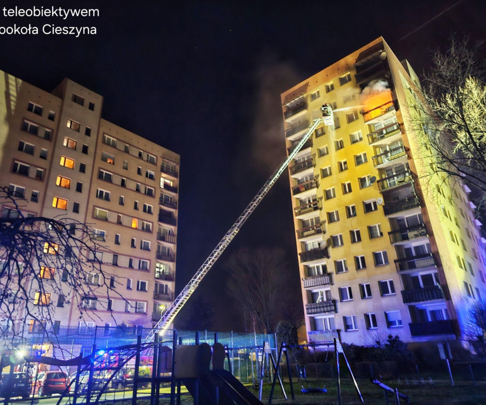 Dramatyczna akcja strażaków w Cieszynie. Ogień pojawił się na 8. piętrze. Ewakuowano mieszkańców