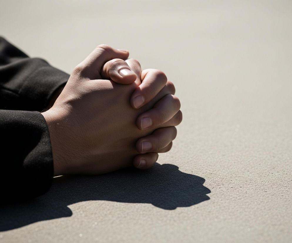 Przedstawiono ujęcie od pasa w górę, ukazujące złożone dłonie osoby o jasnej karnacji, spoczywające na jasnoszarym, lekko chropowatym podłożu. Lewe ramię i część korpusu, ubrane w ciemną, prawdopodobnie czarną tkaninę, widoczne są po lewej stronie kadru, otoczone głębokim cieniem. Słońce, padające z prawej strony, oświetla dłonie i podłoże, tworząc wyraźny, ciemny cień rzucany przez złożone ręce, rozciągający się w dół i na prawo.