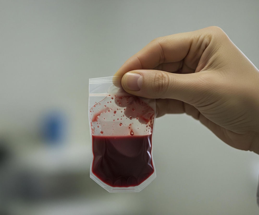 Jasna dłoń, prawdopodobnie kobieca, trzyma małą, przezroczystą, plastikową torebkę strunową wypełnioną ciemnoczerwoną cieczą. W górnej części torebki widoczne są liczne pęcherzyki powietrza i kropelki cieczy przylegające do ścianek. Osoba trzymająca torebkę ubrana jest w biały, medyczny uniform, którego rękaw widoczny jest w prawym dolnym rogu. Tło jest rozmyte, utrzymane w jasnoszarych i białych barwach, z niewyraźnym, niebieskim kształtem po lewej stronie.
