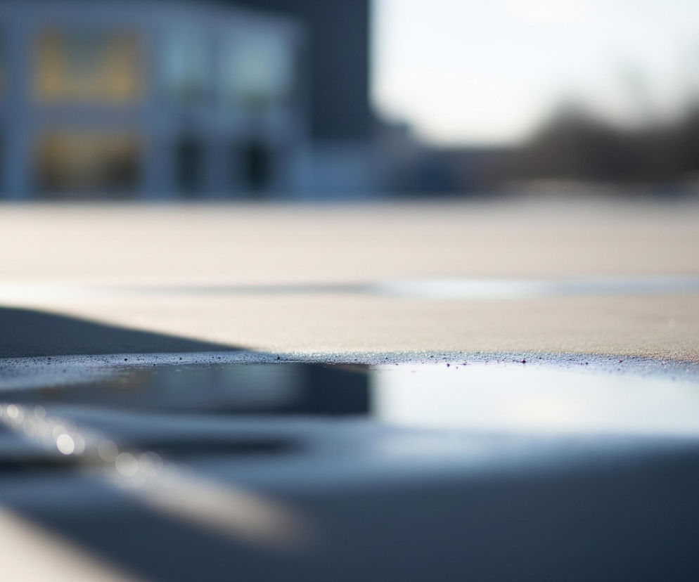 Na pierwszym planie widoczna jest kałuża wody odbijająca niebieskie niebo i jasne światło, leżąca na ciemnoszarym, ziarnistym podłożu. Po lewej stronie kałuży pada na nie asfalt ostry, ciemny cień. Drugi plan ukazuje rozmyte, beżowo-szare płaskie powierzchnie z niewyraźnymi elementami architektonicznymi w tle, w tym zamazaną białą budowlę z ciemnymi oknami w lewym górnym rogu.