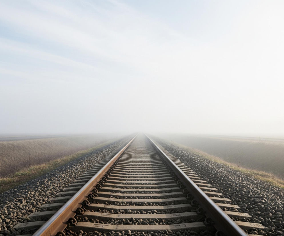 Centralnym elementem obrazu jest tor kolejowy, biegnący prostą linią w kierunku horyzontu i zanikający w gęstej mgle. Metalowe szyny, jasnobrązowe na powierzchni i ciemniejsze po bokach, spoczywają na szarych, betonowych podkładach, otoczonych drobnymi, ciemnoszarymi kamieniami. Po obu stronach torów rozciągają się pola pokryte suchą, brązową trawą i fragmentami zielonej roślinności, które również zlewają się z mglistym tłem. Niebo jest jasne, błękitne na górze i stopniowo jaśnieje, przechodząc w biel i mgłę, która ogranicza widoczność do bardzo krótkiego dystansu.