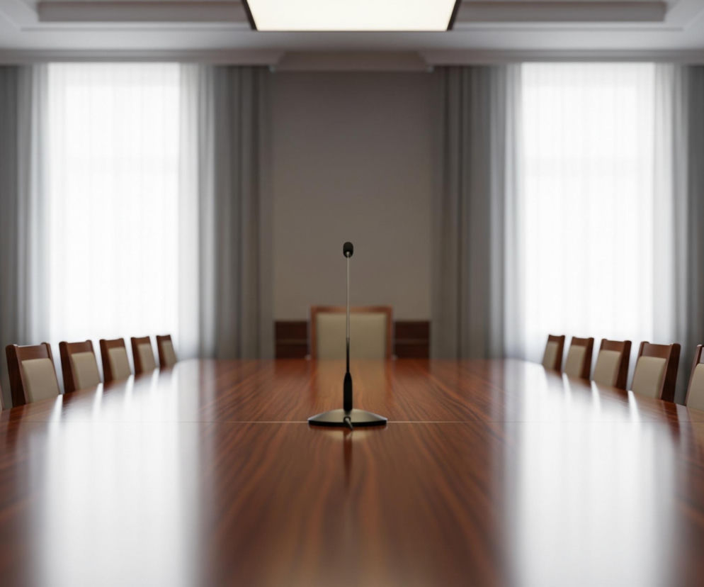 Na pierwszym planie, centralnie, stoi czarny mikrofon na ciemnej, błyszczącej, drewnianej powierzchni stołu konferencyjnego. Długi, prostokątny stół, o ciemnobrązowej barwie z widocznym usłojeniem drewna, rozciąga się w głąb pomieszczenia, a po obu jego stronach ustawione są krzesła z ciemnymi drewnianymi ramami i beżowymi tapicerowanymi oparciami. W tle widoczne są dwa wysokie okna zasłonięte jasnymi, półprzezroczystymi firankami i szarymi zasłonami po bokach, pomiędzy którymi znajduje się ściana w neutralnym odcieniu beżu. Pomieszczenie oświetla prostokątna lampa sufitowa.