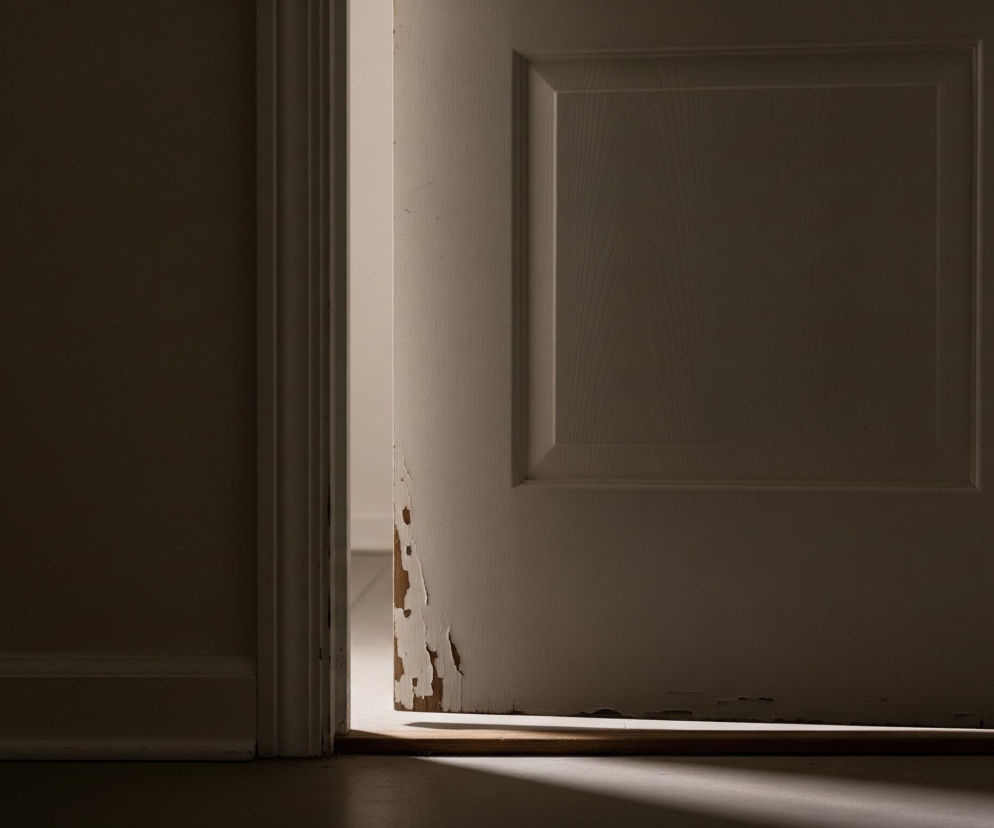 Lekko uchylone, białe drzwi z przetarciami i odpryskami farby u dołu, częściowo odsłaniają ciemne wnętrze pomieszczenia po lewej stronie. Jasne światło przebija się przez wąską szczelinę między drzwiami a futryną po prawej stronie oraz u dołu, tworząc smugę światła na podłodze. Widoczne są ciemne zawiasy drzwiowe oraz pozioma listwa podłogowa w dolnej części obrazu.