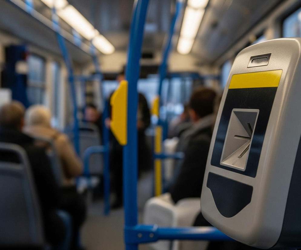 Centralnie na pierwszym planie znajduje się szary kasownik biletów z żółtym i ciemnoniebieskim paskiem oraz szczeliną na bilety. Kasownik jest przymocowany do pionowej, niebieskiej rurki, która stanowi część konstrukcji wnętrza pojazdu. W tle widoczni są rozmyci pasażerowie siedzący na ciemnych siedzeniach oraz stojący, a także inne niebieskie rurki i okna, przez które prześwituje światło dzienne. Sufit pojazdu jest jasny, z rzędami prostokątnych, świecących lamp.
