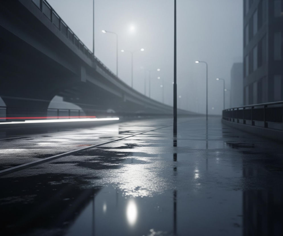 Mokre, asfaltowe ulice miejskie, oświetlone licznymi latarniami ulicznymi, są głównym elementem widoku. Po lewej stronie dominuje duży, ciemnoszary wiadukt, z metalową barierką biegnącą wzdłuż jego górnej krawędzi, a pod nim widać rozmyte smugi światła, białe i czerwone, sugerujące ruch pojazdów. Po prawej stronie wznosi się ciemny budynek z szeregiem okien, oddzielony od ulicy podobną, ciemną barierką. Całość skąpana jest w mglistej, szaro-niebieskiej atmosferze.