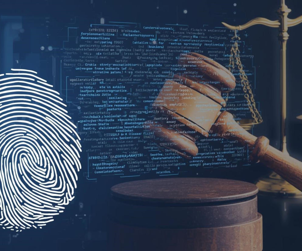 Cyfrowy odcisk palca w postaci linii papilarnych, w tle kod programistyczny i waga Temidy, symbolizujące, jak rozmowa z AI staje się dowodem w sądzie. Więcej o tym przeczytasz na Super Biznes.