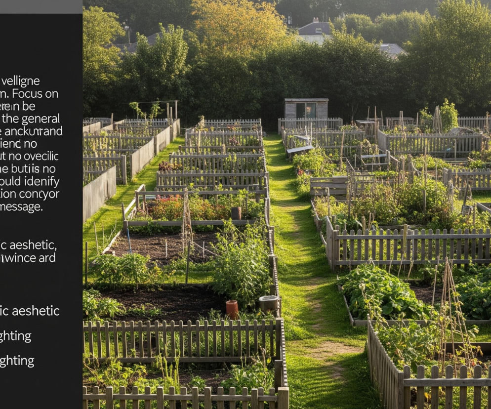Duży ogród warzywny, podzielony na liczne prostokątne działki. Każda działka otoczona jest niskim, drewnianym płotem z zaokrąglonymi sztachetami. Pomiędzy działkami biegną wąskie, trawiaste ścieżki, z których jedna, główna, prowadzi w głąb obrazu. Na większości działek rosną zielone rośliny, niektóre z nich podtrzymywane są na tyczkach lub siatkach, a inne to spulchniona, ciemna ziemia. W tle, za rzędami działek, rozciąga się pas gęstych, zielonych drzew, a za nimi dostrzec można zarysy jasnych budynków mieszkalnych. Jasne, ciepłe światło słoneczne pada z prawej strony, rzucając długie cienie od płotów i roślin.