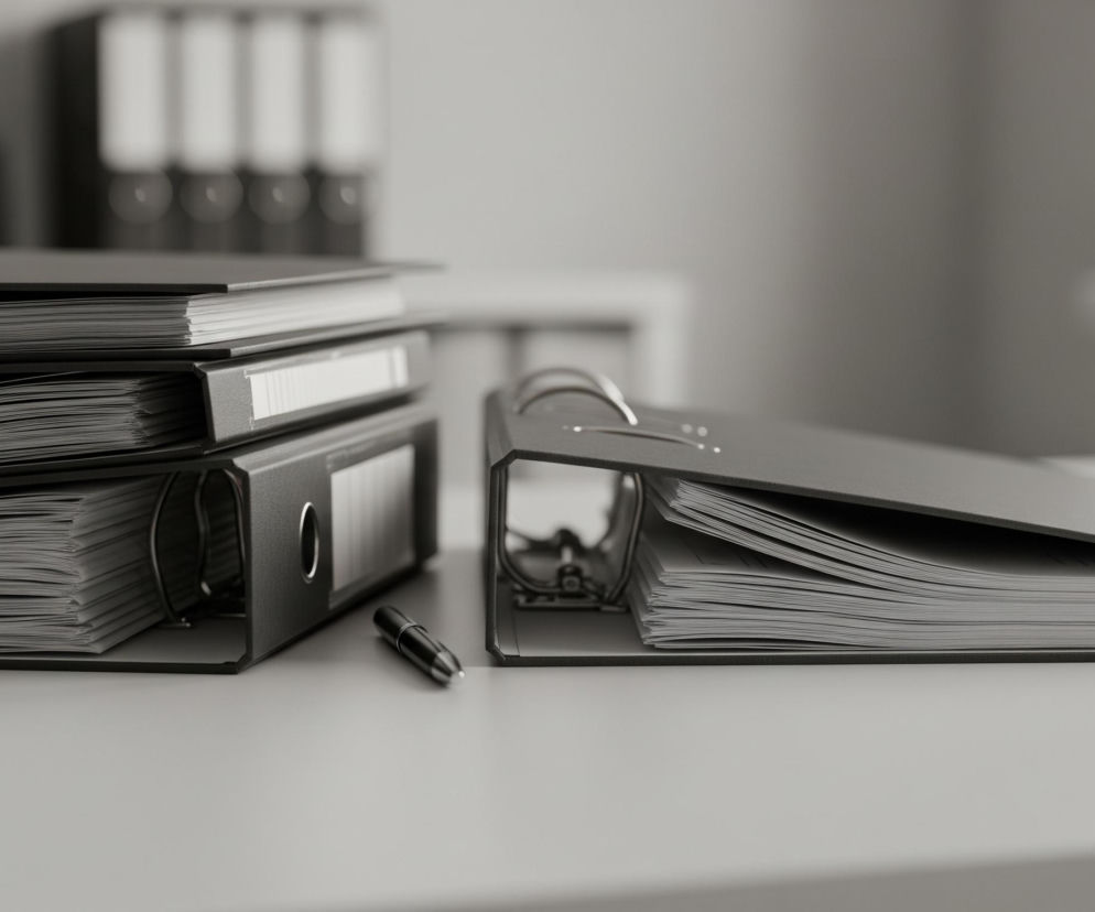 Pięć segregatorów, z których cztery są ułożone w stosy, a jeden leży otwarty na biurku, ukazując liczne, białe kartki. Wszystkie segregatory są ciemnoszare z białymi etykietami na grzbietach i metalowymi elementami widocznymi w otwartych egzemplarzach. Między leżącymi segregatorami leży czarny długopis z metalicznymi akcentami, skierowany w prawo. Tło jest rozmyte i jasnoszare, z niewyraźnymi konturami dalszych obiektów biurowych.
