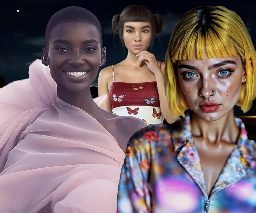 Trzy wirtualne influencerki – uśmiechnięta ciemnoskóra modelka w różowej kreacji, postać z kokami na głowie w topie w motyle oraz kobieta z żółtymi włosami i piercingiem, symbolizujące rosnącą popularność wirtualnych twórców. Więcej o trendzie wirtualnych influencerów na Super Biznes.