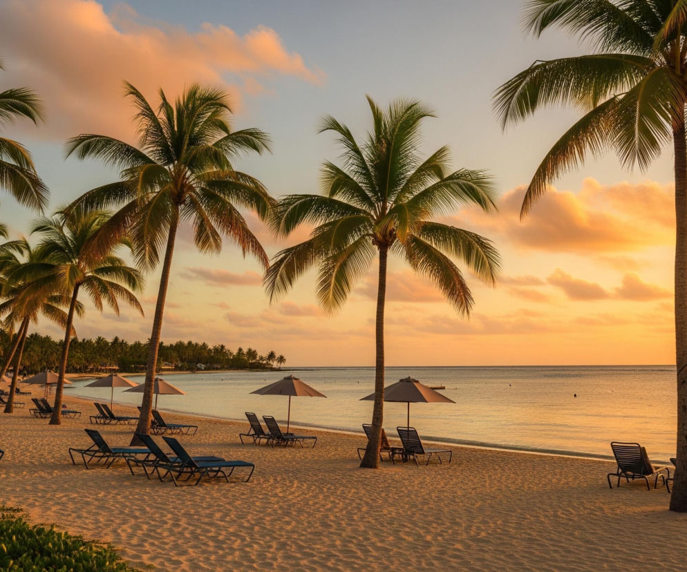 Plaża o zachodzie słońca z rzędem palm kokosowych po lewej stronie, rzucających długie cienie na piaszczystą powierzchnię. Na plaży rozstawione są leżaki i parasole, a fale delikatnie obmywają brzeg. Horyzont na tle pomarańczowo-żółtego nieba z pojedynczymi, rozproszonymi chmurami oddziela morze od nieba.