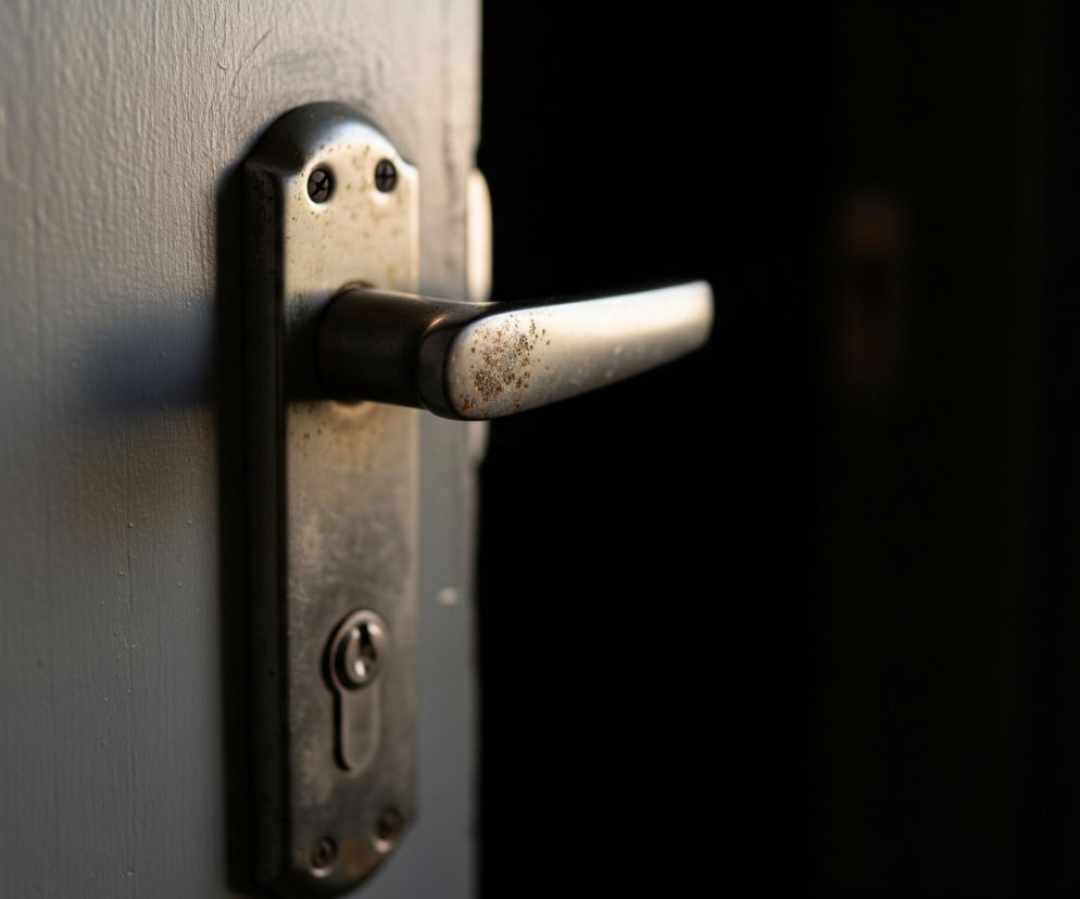 Na pierwszym planie, z lewej strony, widoczne jest uchylone, jasno szare skrzydło drzwi, częściowo oświetlone ciepłym światłem. Do drzwi przymocowana jest metalowa klamka w kolorze srebrnym z widocznymi śladami rdzy i zużycia, zwłaszcza na płaskim elemencie pod klamką i samej rączce. Poniżej klamki znajduje się owalny otwór na klucz. Po prawej stronie drzwi rozciąga się głęboka czerń, sugerująca ciemne wnętrze lub przestrzeń za otwartymi drzwiami.