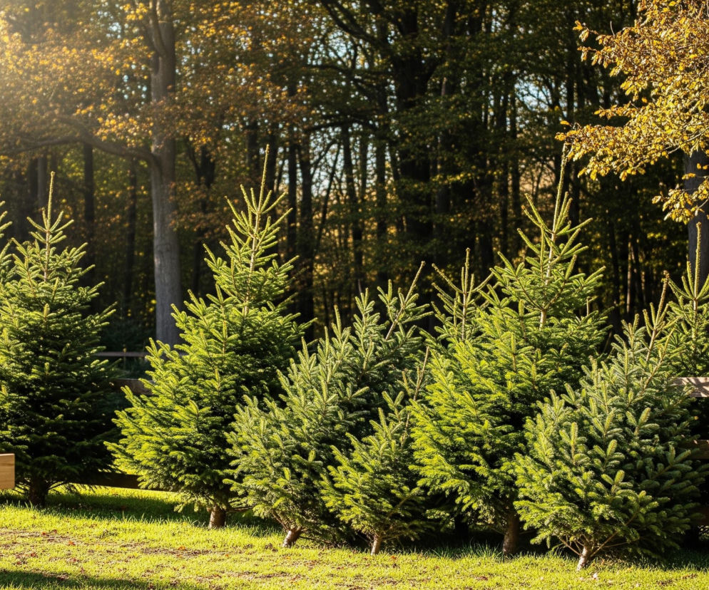Pole zielonej, krótko ściętej trawy rozciąga się na pierwszym planie, oświetlone promieniami słońca padającymi z lewej strony kadru. Na trawie, w lewej dolnej części, stoi prosty, drewniany znak z jasnego drewna, składający się z pionowego słupka i dwóch poziomych desek tworzących literę T. Za trawnikiem widoczny jest rząd około dziesięciu młodych, iglastych drzewek, wyglądających jak choinki, o intensywnie zielonych igłach, ułożonych w nieregularnym rzędzie.

Za choinkami, w tle, rozpościera się gęsty las z wysokimi drzewami liściastymi, których korony mają odcienie złota i brązu, sugerujące jesienną porę roku. Jasne słońce prześwituje przez liście w lewym górnym rogu, tworząc świetlistą poświatę i rozświetlając górne części choinek oraz niektóre liście w tle. Po lewej stronie, częściowo ukryte za choinkami, znajduje się proste, drewniane ogrodzenie, wykonane z poziomych desek i pionowych słupków.