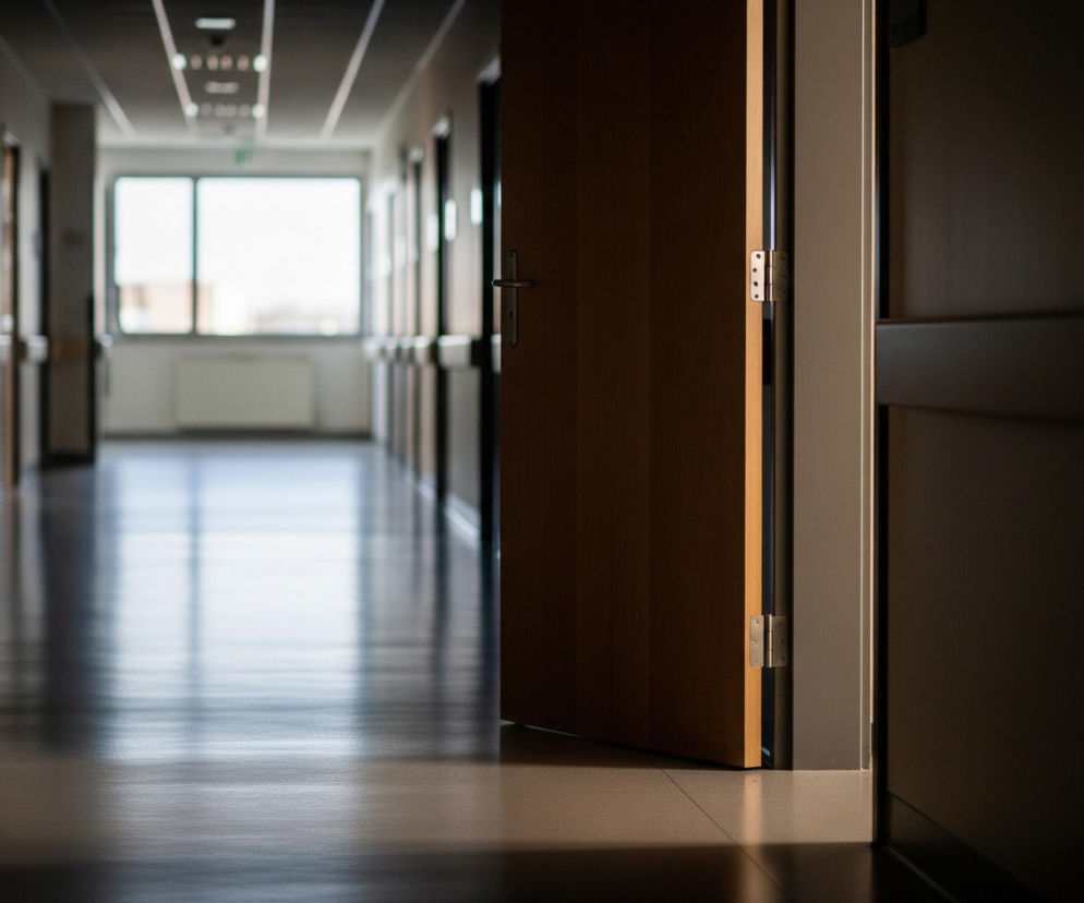 Długi korytarz z wieloma drzwiami po lewej stronie prowadzi do jasnego okna na końcu. Po prawej stronie, blisko kamery, znajdują się uchylone drewniane drzwi, przez które wpada strumień światła, rozświetlając fragment podłogi. Podłoga korytarza jest ciemna i odbijająca światło, a na suficie widoczne są równo rozmieszczone lampy. Całość tworzy wrażenie głębi i perspektywy.