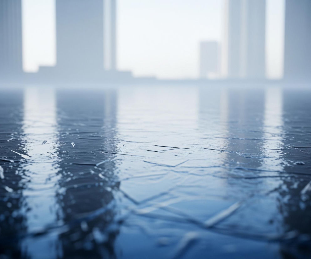 Powierzchnia na pierwszym planie jest ciemnoniebieska, mokra i częściowo pokryta drobnymi, lśniącymi odłamkami lodu lub szkła. W tle widoczne są rozmyte, pionowe, jasne sylwetki budynków o prostych, geometrycznych kształtach, przypominające wieżowce. Całość spowita jest jasną, mglistą aurą, która rozmywa horyzont i sprawia, że odległe obiekty są słabo widoczne.