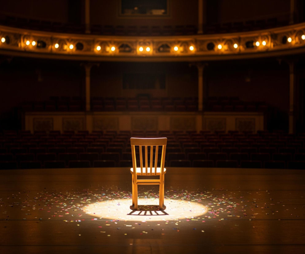 Na pierwszym planie, centralnie, stoi drewniane krzesło o prostej konstrukcji z pionowymi szczebelkami oparcia, oświetlone okrągłym snopem jasnego światła. Wokół krzesła, na ciemnej scenie, rozsypane jest kolorowe konfetti. W tle widoczna jest pusta widownia teatru z rzędami bordowych foteli, a nad nią, w łuku, dekoracyjny balkon z szeregiem jasnych, okrągłych świateł. Cała scena utrzymana jest w ciemnych, ciepłych barwach, z wyraźnym kontrastem między oświetlonym centrum a zaciemnionymi brzegami.
