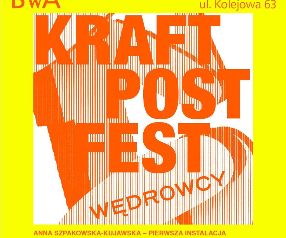Plakat Kraftpostfest z napisem Wędrowcy na tle grafiki komina. O nowej siedzibie BWA Wrocław czytaj na Architektura.