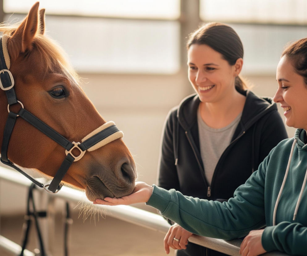 Brązowy koń z czarno-beżowym kantarem na głowie wyciąga pysk w stronę otwartej dłoni kobiety ubranej w zieloną bluzę z kapturem. Kobieta ta opiera się o metalową barierkę, uśmiechając się, a obok niej, również uśmiechnięta, stoi druga kobieta w czarnej bluzie i szarej koszulce. Tło stanowią rozmyte, jasne okna i metalowe elementy konstrukcji.