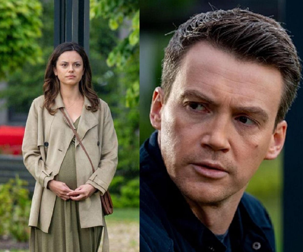 Ciężarna Kasia (Paulina Lasota) w beżowym płaszczu i zielonej sukience, z poważną miną, oraz Jakub (Krzysztof Kwiatkowski) z zatroskanym wyrazem twarzy. Prawda o dziecku Kasi i Jakuba wychodzi na jaw w nowych odcinkach serialu. Więcej przeczytasz na Super Seriale.