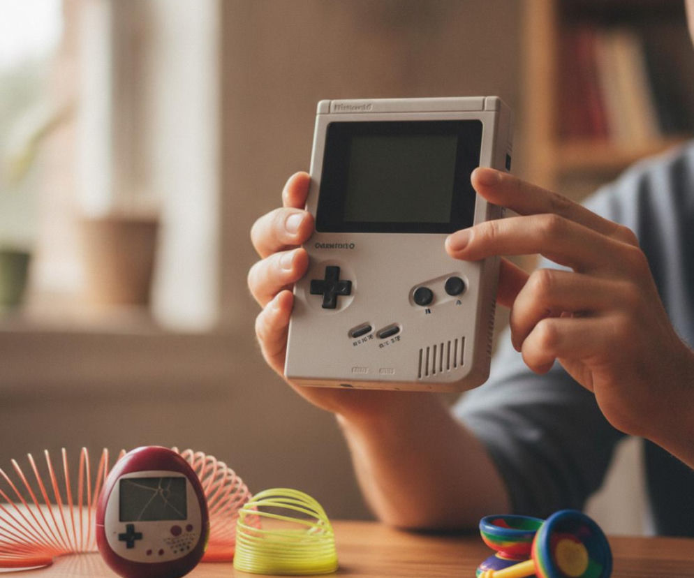 Osoba trzyma konsolę Game Boy nad stołem z Tamagotchi i sprężyną. Quiz o zabawkach z lat 90. znajdziesz w serwisie Eska.