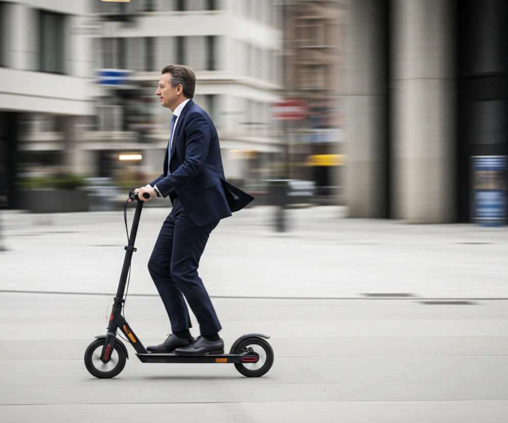 Mężczyzna w granatowym garniturze, białej koszuli i błękitnym krawacie, z włosami zaczesanymi do tyłu, jedzie na czarnej hulajnodze elektrycznej w prawą stronę. Stoi na platformie hulajnogi, trzymając obie ręce na kierownicy, patrząc przed siebie. Hulajnoga ma czerwone i pomarańczowe akcenty. Tło jest rozmyte, sugerując ruch, i przedstawia szare budynki z oknami, a także niewyraźne sylwetki innych ludzi. Nawierzchnia jest jasnoszara, a cała scena rozgrywa się na zewnątrz, w ciągu dnia.
