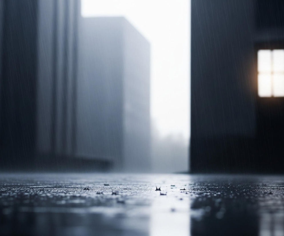 Mokre podłoże pokryte jest drobnymi kroplami deszczu, które odbijają światło, tworząc refleksy. W tle widać zamazane, pionowe bryły budynków o ciemnych, szarych odcieniach, z jednym jaśniejszym obszarem pośrodku. Po prawej stronie, na tle ciemnej ściany, świeci prostokątne okno podzielone na cztery części, emitując ciepłe, żółtawe światło. Całość pogrążona jest w deszczowej, mglistej atmosferze.