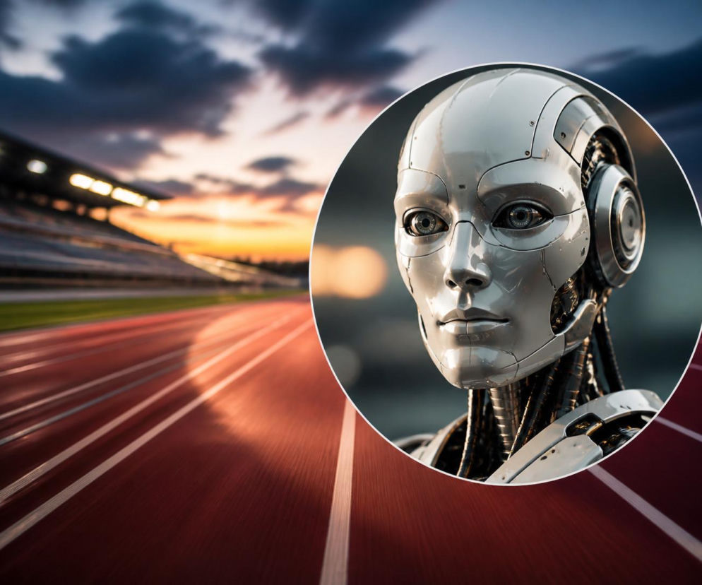 Pusta bieżnia lekkoatletyczna o zachodzie słońca. Na miniaturze głowa robota. O rekordzie Supermana przeczytasz w Eska.