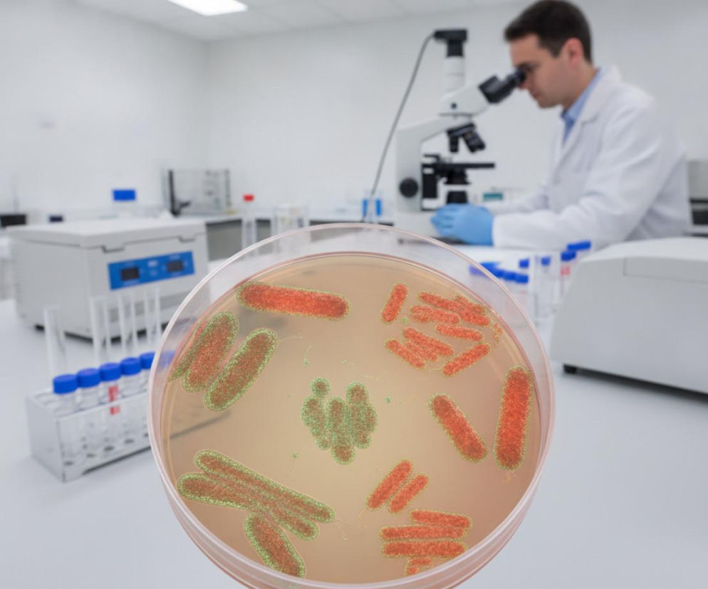 Płytka Petriego z koloniami bakterii Salmonella, z bliska ukazująca czerwone i zielone pałeczki, symbolizująca odkrycie nowych toksyn. W tle niewyraźna postać naukowca w białym fartuchu i niebieskich rękawiczkach, pracującego przy mikroskopie w laboratorium, co odzwierciedla badania opisywane na Poradnik Zdrowie.