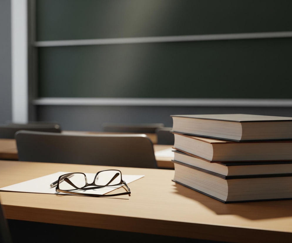 Na pierwszym planie, z prawej strony, na drewnianym blacie biurka ułożony jest stos czterech książek o czarnych grzbietach i jasnych kartkach. Obok, na tym samym biurku, leży otwarte, przezroczyste okulary z czarnymi oprawkami, umieszczone na białej kartce papieru. Za biurkiem widoczne są puste, ciemne krzesła i kolejne drewniane biurka, z rozmytym tłem. W tle znajduje się ciemnozielona tablica z dwoma białymi, poziomymi liniami, otoczona jasnoszarymi ścianami.