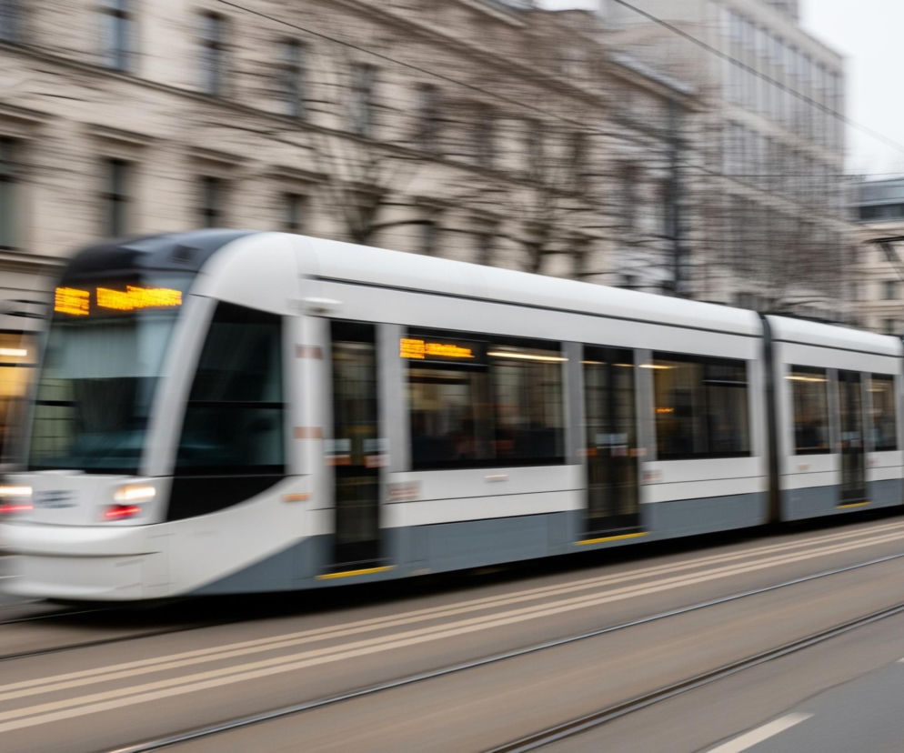 Biało-szary tramwaj o nowoczesnym designie dynamicznie przemieszcza się po torach, pozostawiając za sobą rozmyte tło, co podkreśla jego ruch. Na przedzie tramwaju widać jasne, pomarańczowe światła i podświetlony wyświetlacz z niewyraźnym tekstem, natomiast po bokach widoczne są liczne okna. Po prawej stronie drogi, w tle, widnieją rozmazane, wysokie budynki o jasnych fasadach i rzędy drzew bez liści, a nad nimi rozciągają się liczne czarne kable. Tory tramwajowe są osadzone w szarej nawierzchni ulicy, która w dalszej części staje się szerszą jezdnią.