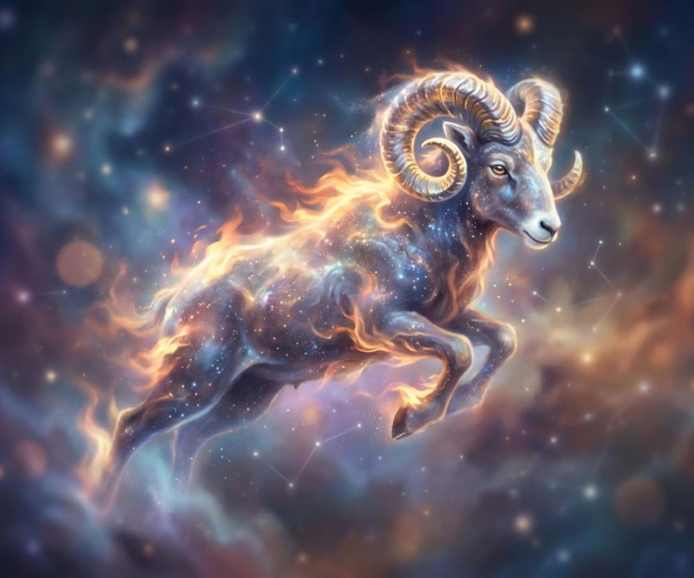 Ilustracja przedstawiająca znak zodiaku Baran w formie stylizowanego kosmicznego barana z płomieniami i gwiazdami na ciemnym tle galaktyki. Symbolizuje energię i optymizm, o których przeczytasz więcej na naszym portalu w horoskopie dziennym.