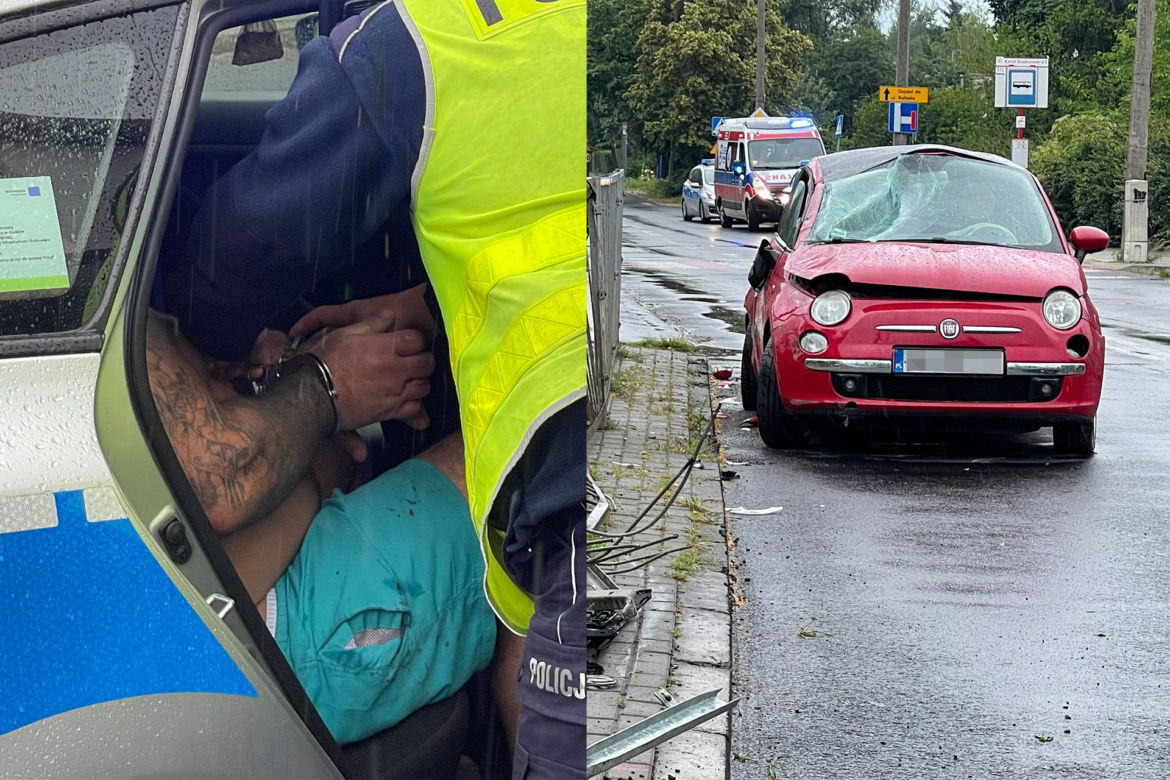 Pościg za pijanym kierowcą w Warszawie. Dachowanie i dwa rozbite samochody