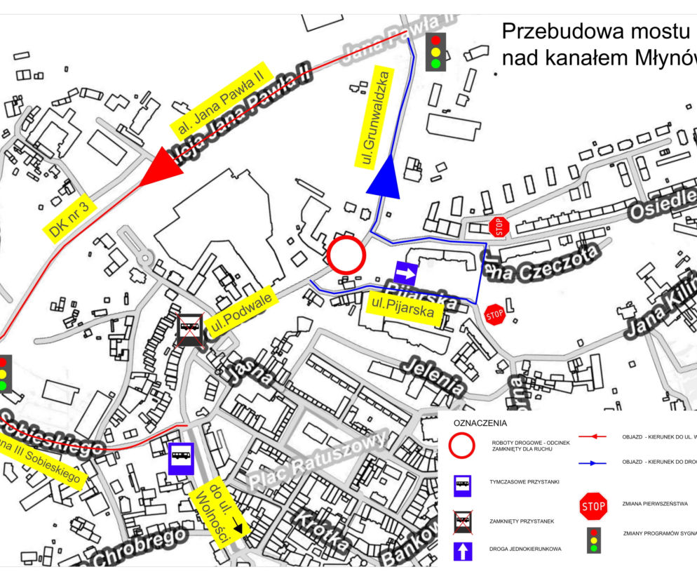 Mapa objazdów na Podwalu 