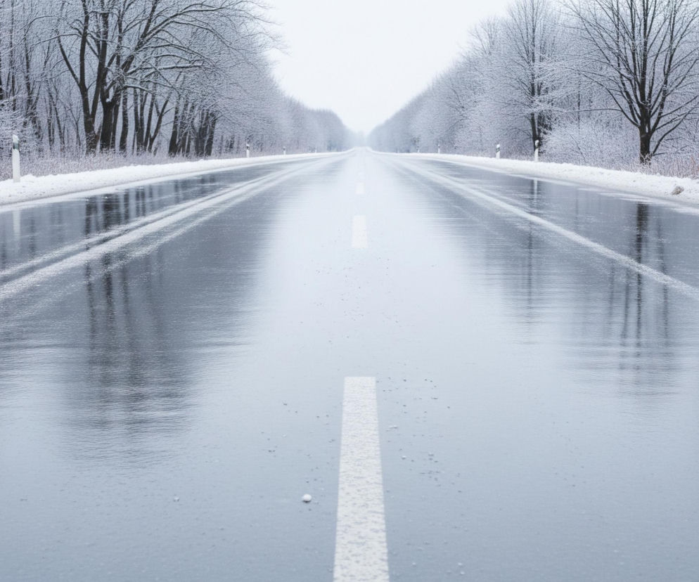 Długa, prosta droga biegnie przez środek zaśnieżonego krajobrazu, otoczona po obu stronach lasem drzew pokrytych śniegiem. Droga jest mokra i błyszcząca, odbijając drzewa oraz szare, pochmurne niebo. Białe przerywane linie wyznaczają pasy ruchu, znikając w oddali w lekkiej mgle. Śnieg leży na poboczach drogi, tuż pod drzewami.