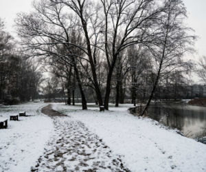 Skawiński park w zimowej otoczce