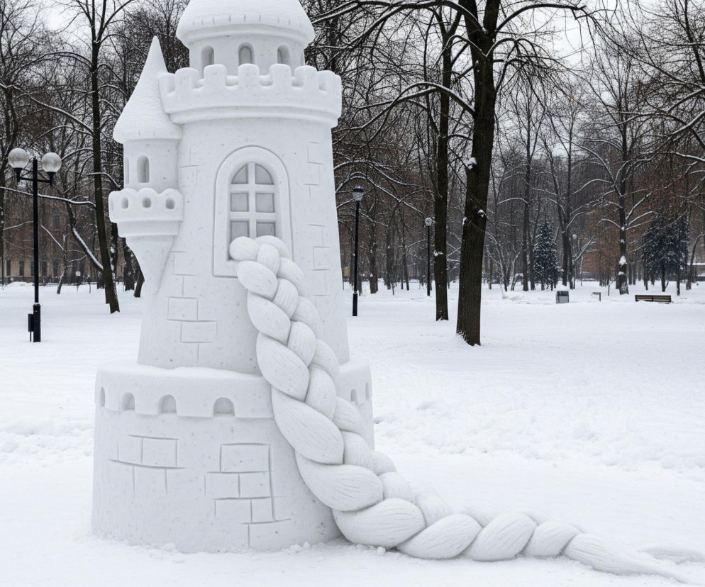 Na pierwszym planie, centralnie, stoi duża, biała rzeźba ze śniegu przedstawiająca wieżę zamkową z blankami, oknem i stożkowym dachem. Z okna wieży zwisa gruby, pleciony warkocz ze śniegu, który ciągnie się wzdłuż jej boku i rozkłada na śniegu przed nią. Całe otoczenie pokrywa gruba warstwa białego śniegu; w tle widać nagie drzewa z delikatnie ośnieżonymi gałęziami, a dalej, przez drzewa, przebijają się ciemne sylwetki budynków i latarni ulicznych.